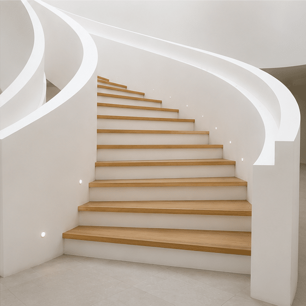 Escalier tournant contemporain en bois massif clair sur mesure, limon blanc — SIMMAD